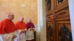 Cardinal Kevin Farrell, Vatican Secretary of State Cardinal Pietro Parolin, and Archbishop Edgar Peña Parra preside over the sealing of the papal apartment at the Vatican’s Apostolic Palace, Monday, April 21, 2025. / Credit: Daniel Ibáñez/CNA