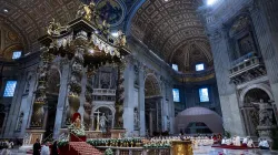 A view of St. Peter's Basilica during the Mass for the solemnity of the Immaculate Conception, with Bernini's baldachin and the papal altar decorated with white flowers, Dec. 8, 2024. / Credit: Daniel Ibáñez/CNA